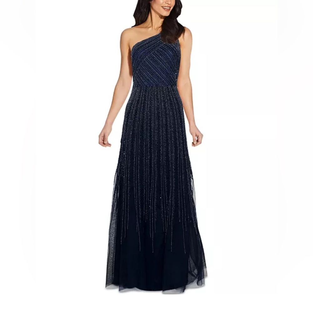 Adrianna Papell Navy One-Shoulder Gown - Picture 5 of 5